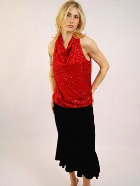 Y2K Sequin Tank Top (M) medium red vintage womens cowl neck party maximalist